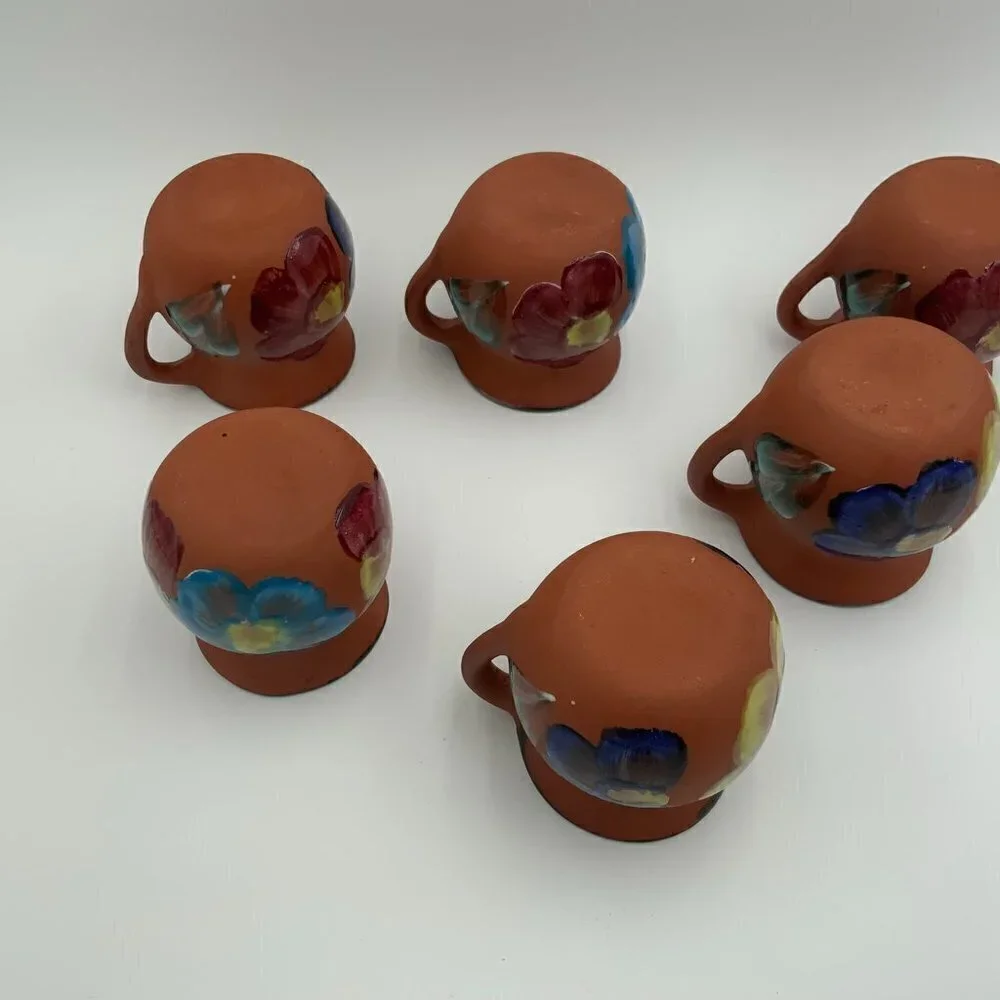 Set of 6 Mexican Clay Pottery Coffee Cup Chocolate Mug Hand Painted Flowers EUC - Picture 11 of 16